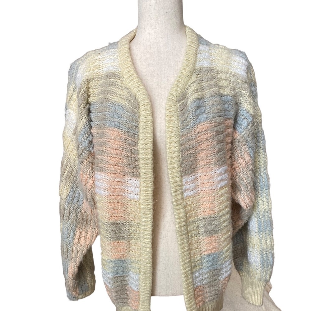 VTG 70s Cardigan Sweater Chunky Yellow Pink Plaid Long Granny Popcorn Cozy Large